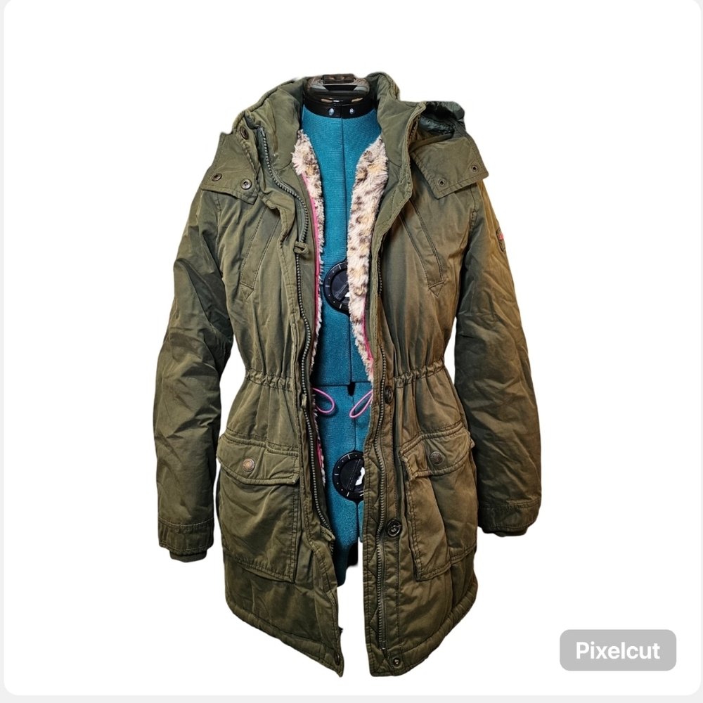 👍Abercrombie Kids green hooded faux fur lined winter anorak jacket sz 15-16